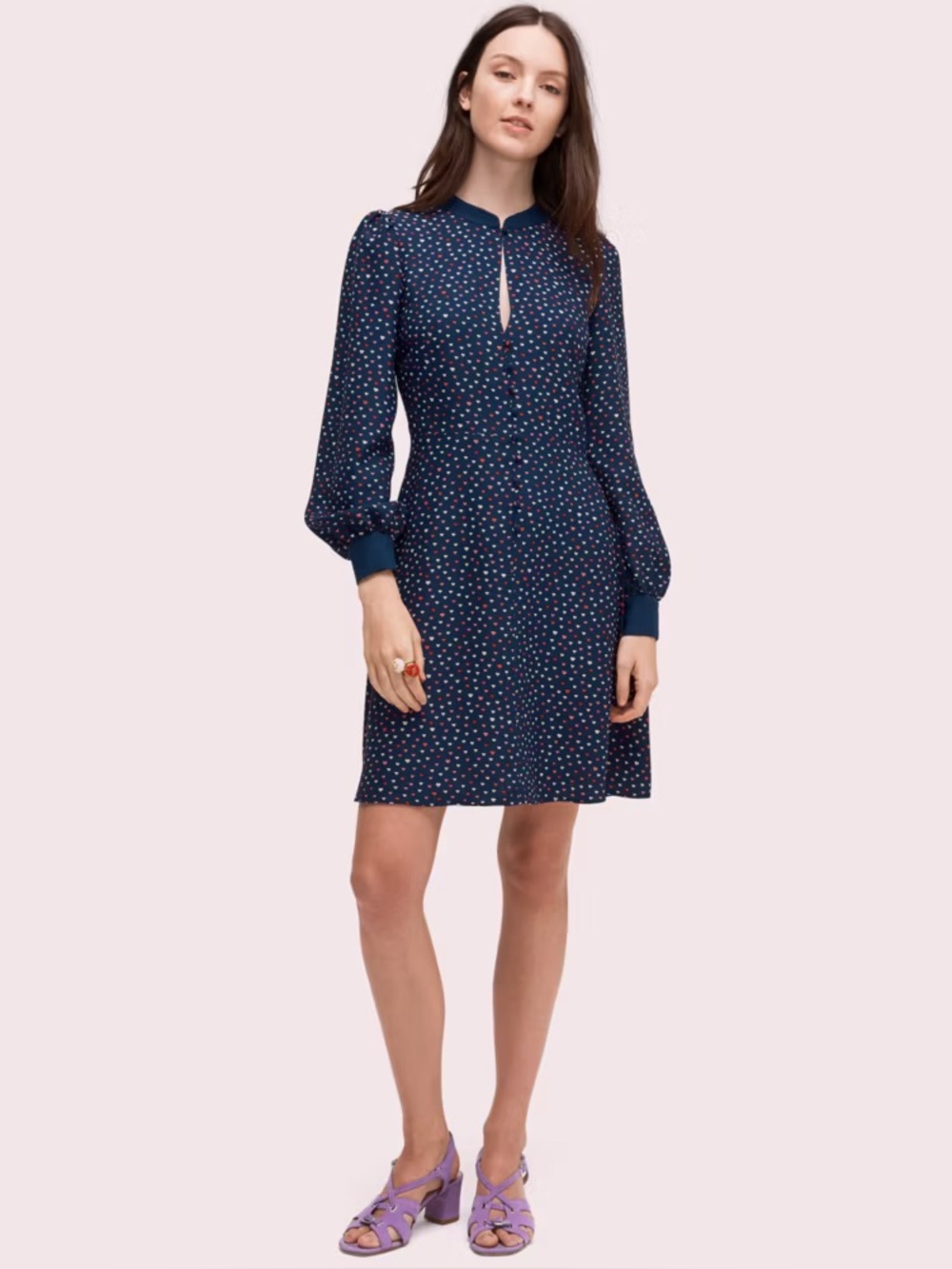 Kate Spade Navy Long-Sleeve Polka Dot Keyhole Dress